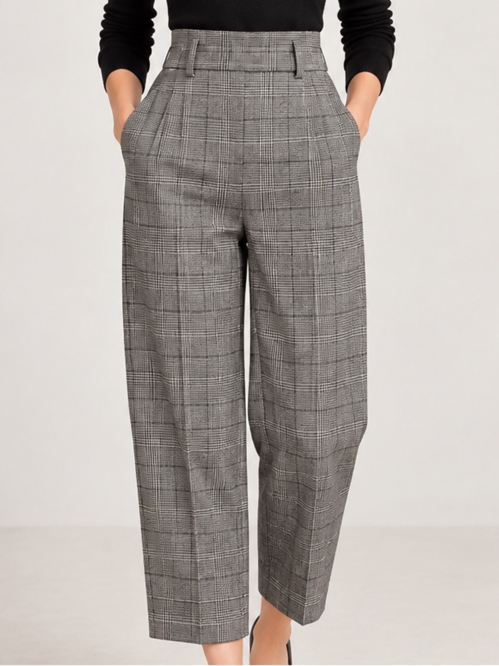 ZARA Gray Glen Plaid Ultra High-Waisted Cropped Trousers size Medium